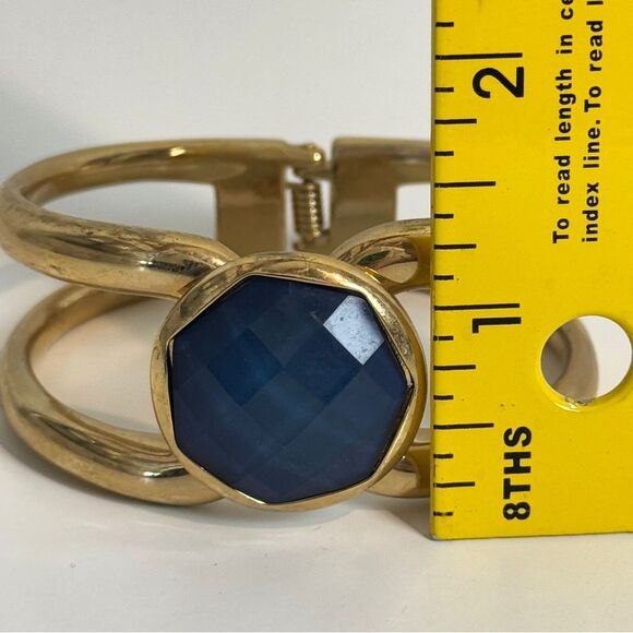Gold Tone Blue Gemstone Hinged Cuff Bracelet - Picture 4 of 4